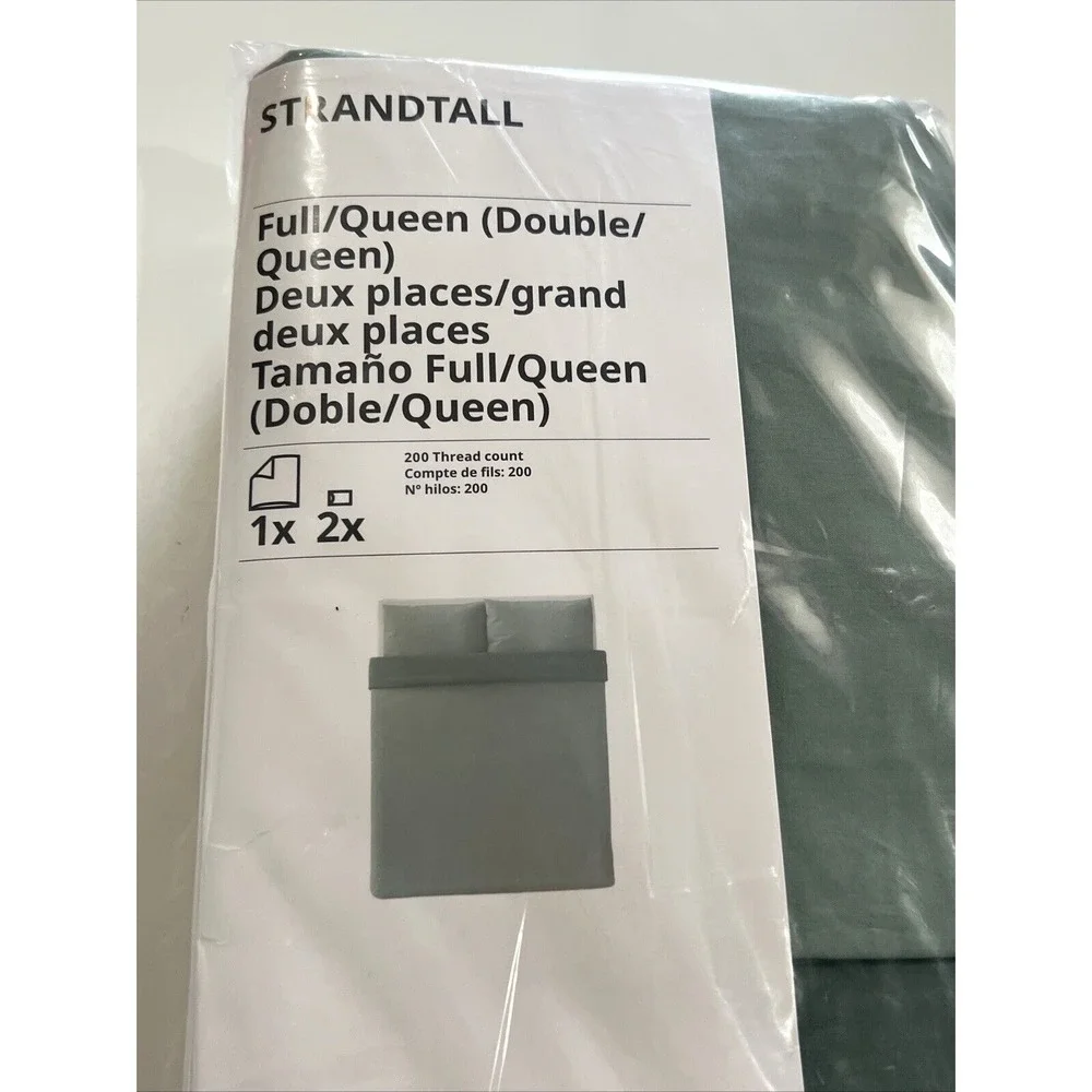 Ikea STRANDTALL Full/Queen Duvet cover & 2 pillowcases gray-green/dark green NEW